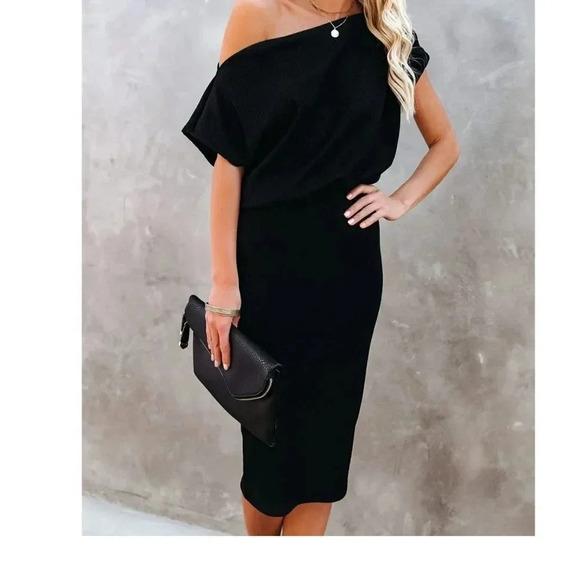 SHORT SLEEVE OFF THE SHOULDER RUCHED SKIRT BODYCON DRESS SIZE M BLACK - Picture 10 of 12